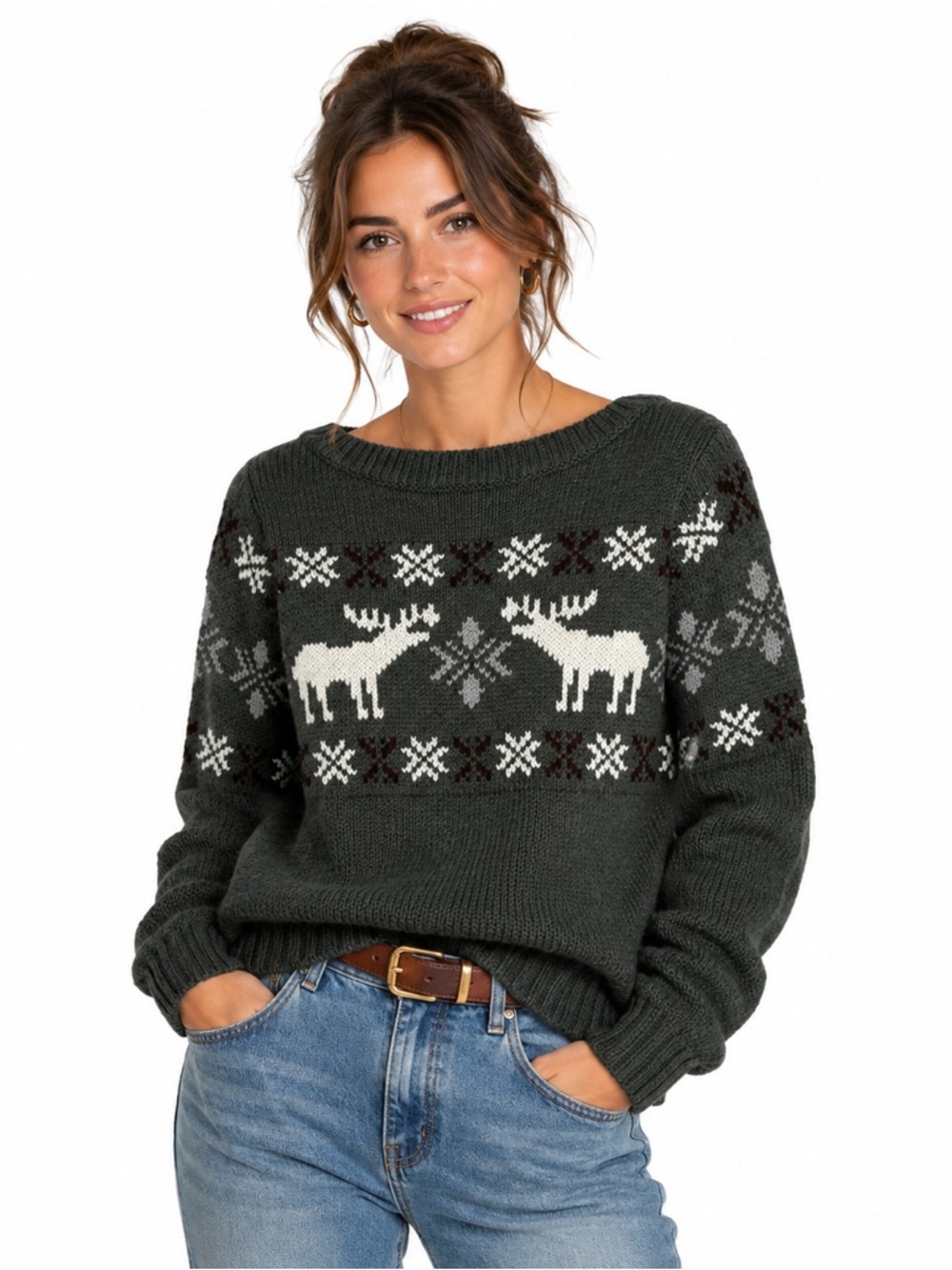 L.L.Bean Gray Moose Fair Isle Knit Sweater Nordic Winter Cozy Women XS